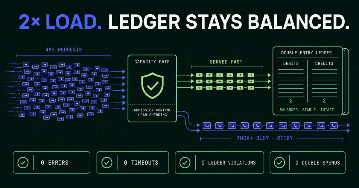 Admission-control diagram showing twice the normal request load entering a capacity gate: served work stays fast, excess receives an immediate busy-retry response, and the double-entry ledger remains balanced with zero errors, timeouts, violations, or double-spends.