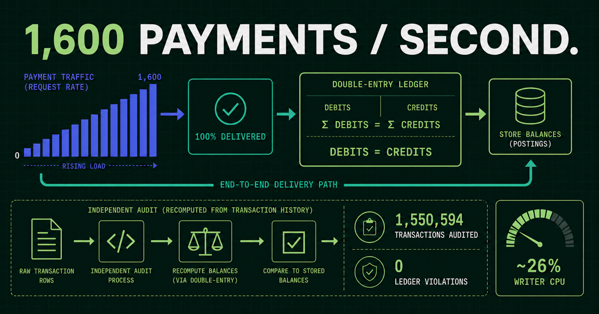 Diagram uji beban yang menunjukkan 1.600 pembayaran per detik, pengiriman penuh, debit dan kredit setara, audit independen atas 1.550.594 transaksi, nol pelanggaran ledger, dan sekitar 26 persen penggunaan prosesor writer.