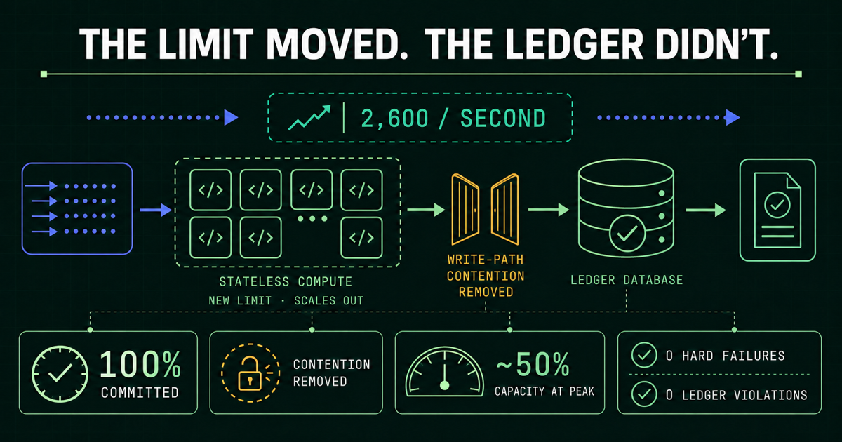 Architecture diagram showing payment traffic at 2,600 per second moving through horizontally scalable stateless compute, a removed write-path contention point, and a healthy ledger database at about half capacity, with all payments committed and zero hard or ledger failures.