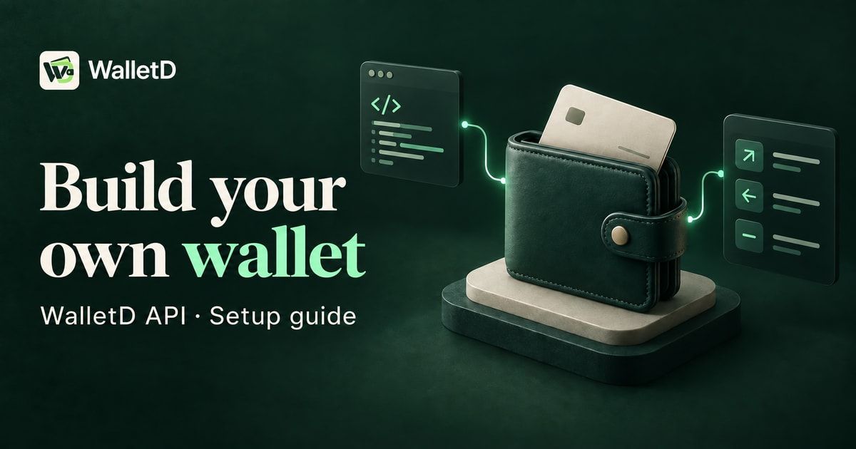 Digital wallet connected to API code and transaction panels, illustrating the WalletD API wallet setup guide.